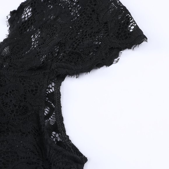 Black Floral Lace Scalloped Square Neck Bodysuit - Picture 7 of 11